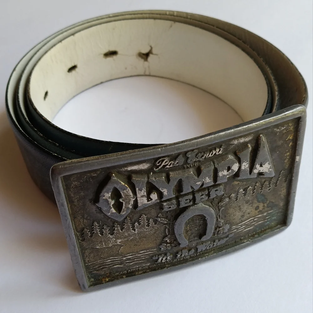 Vintage 1974 Lewis Buckle Co Leather Pin Belt Olympia Beer Logo Buckle Size 36